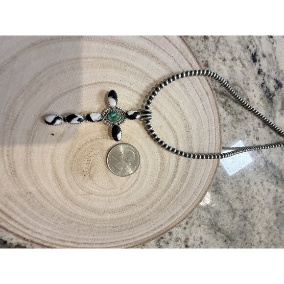 OOAK Artisan Peacock Dahlia White Buffalo Desert Pearl Necklace & Cross Pendant - Picture 9 of 11